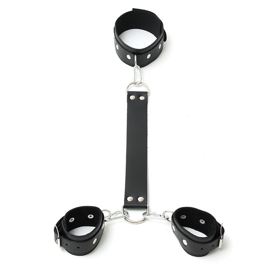 Leather Neck And Wrist Cuffs|Front View|"neck wrist restraint combo-front view adult toys direct"|