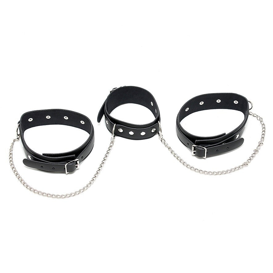 Leather Neck And Leg Chain Cuffs|Front View|"chain link restraint system-front view adult toys direct"|