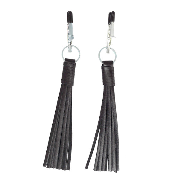 Nipple Clamps With Black Leather Tassels|Front View|"nipple clamps-front view"|