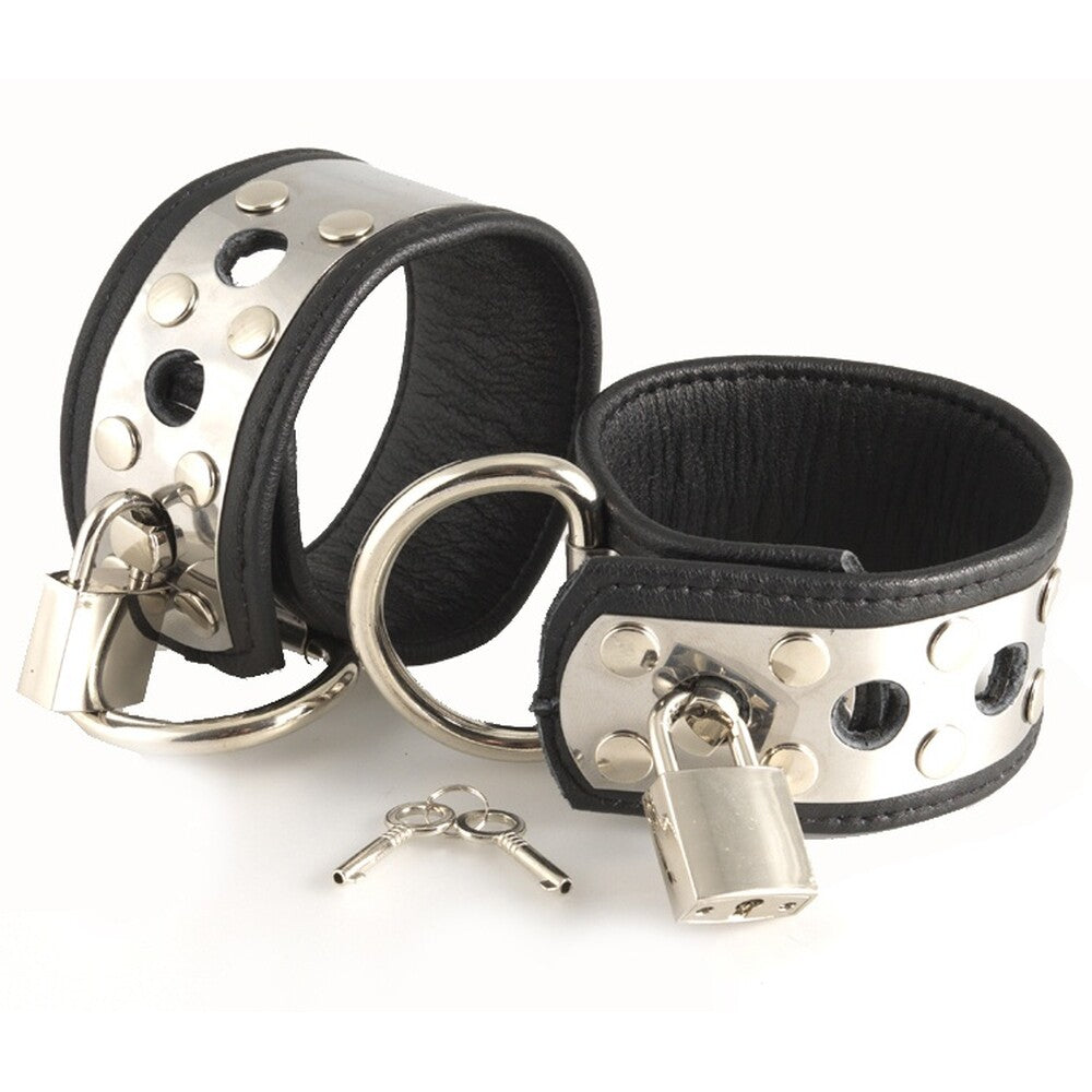 Leather Wrist Cuffs With Metal And Padlocks|Front View|"leather cuffs-front view"|
