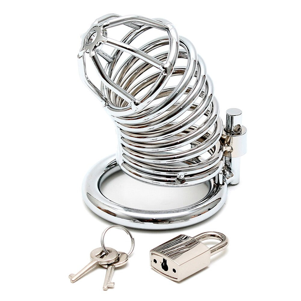 Chrome Chastity Cock Cage|Side View|"lock detail-side view adult toys direct"|