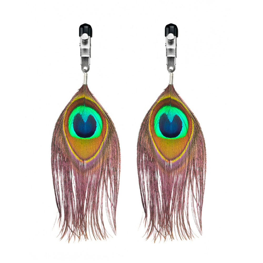 Nipple Clamps With Peacock Feather Trim|Front View|"nipple clamps-front view"|