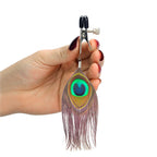 Nipple Clamps With Peacock Feather Trim|Side View|"feather details-side view"|