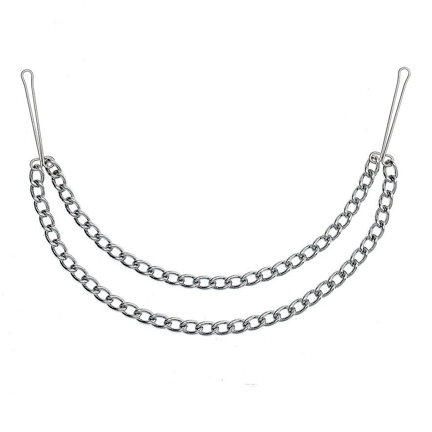 Silver Nipple Clamps With Double Chain|Front View|"nipple clamps-front view"|