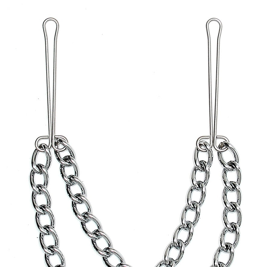 Silver Nipple Clamps With Double Chain|Side View|"chain details-side view"|