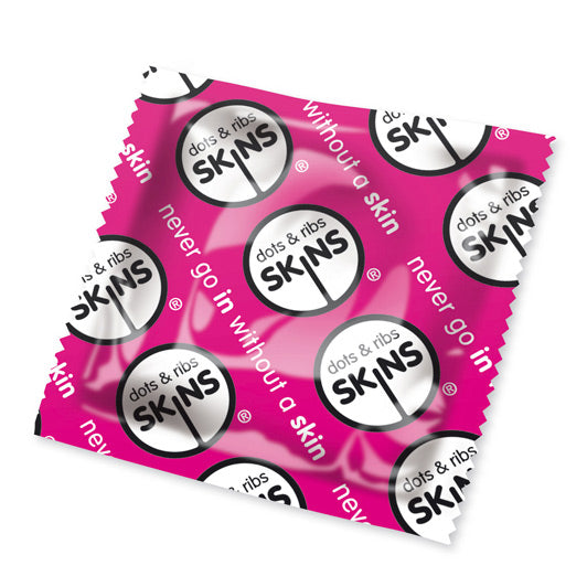 Skins Condoms Dots And Ribs x50 (Pink)|Front View|"condom design-front view"|